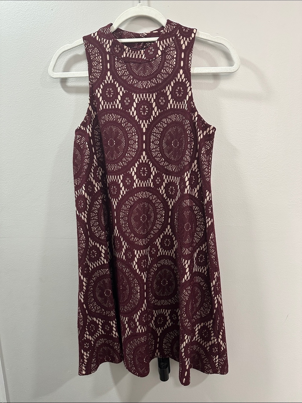 American Rag Sleeveless Lace-Pattern Mini Dress in Burgundy